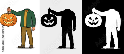 Bild auf Leinwand Headless man holding Halloween pumpkin lantern vector illustration set, headless