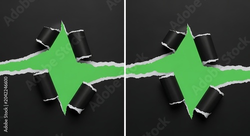 Torn black paper reveals vibrant green background in a symmetrical design