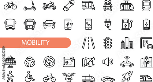 Mobility line icon set featuring transport, electric, vehicle, urban, travel, scooter, autonomous, technology, smart, city editable vector set.