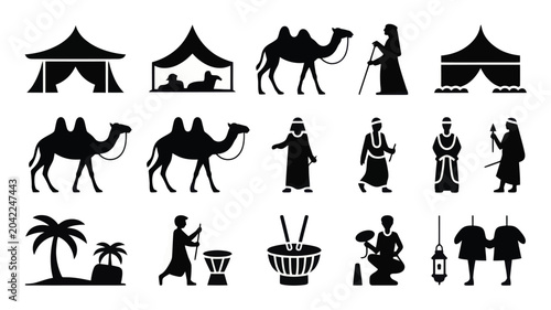 Foto Set of 18 Black Desert and Arabian Culture Icons Vector