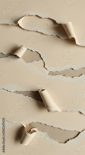 Torn paper reveals layers of neutral tones and subtle textures