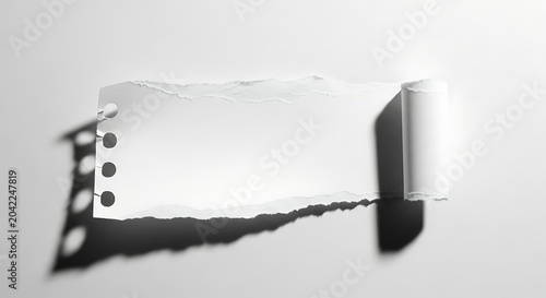 Torn paper with perforated edge unrolling, casting a shadow on a plain surface