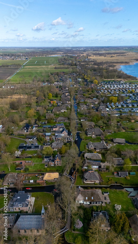 Aerial drone shots of the water village of Giethoorn Overijsel Netherlands