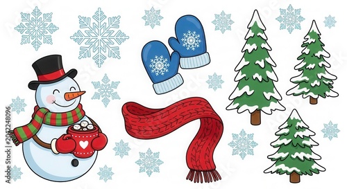Cheerful Winter Christmas Elements Set: Snowman, Mittens, Scarf, Pine Trees, Snowflakes Illustration