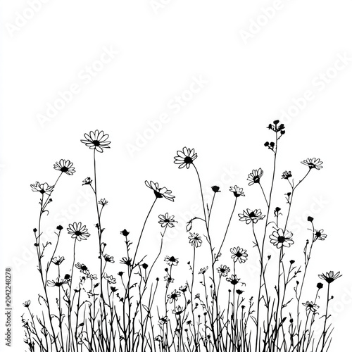 A minimalist, bold line drawing of meadow wildflowers, lavender, and dandelions on a white background. Featuring crisp black outlines with no shading, ideal for an adult coloring book.