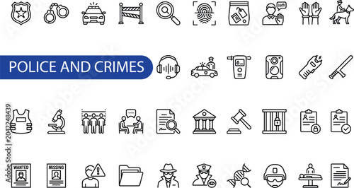 Bild auf Leinwand Police and crimes line icon set featuring law enforcement, court, legal system, police, investigation, punishment, and Criminal and justice security