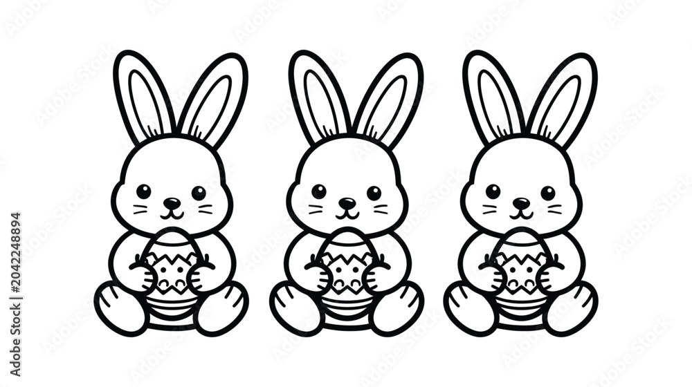 Fototapeta premium Bunny cartoon illustration holding Easter eggs in cute line art style