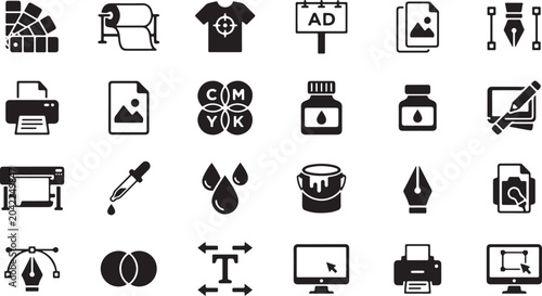Black Glyph Icons Set, Society Business Technology Pest Control Printing Communication Vector Icons Collection