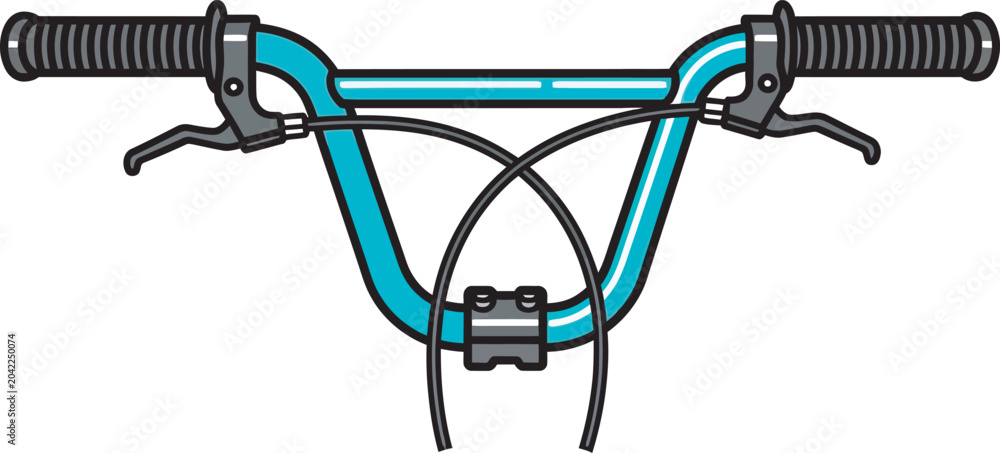 Naklejka premium Vector flat illustration of BMX bike handlebars. Features a detailed bright teal front view frame with black grips, a crossbar, and brake cables for cycling graphic design projects.