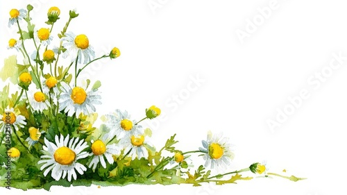 Watercolor daisies bloom with soft yellow centers