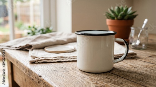 Minimalist white enamel mug with black rim on a rustic wooden table with indoor plant and natural light background.