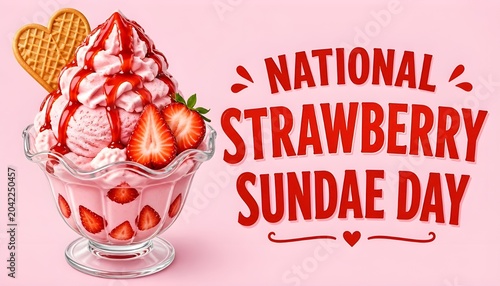 National Strawberry Sundae Day vector illustration. Strawberry ice cream sundae with whipped cream, pink icing and wafer vector. Ice cream cup with strawberries drawing. July 7 of every year