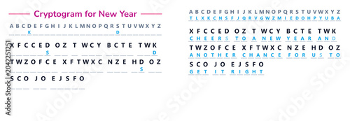 Foto New Year cryptogram puzzle with letters and clues for decoding