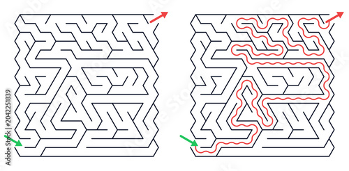 Bild auf Leinwand Maze outline with complex paths and solution in red lines