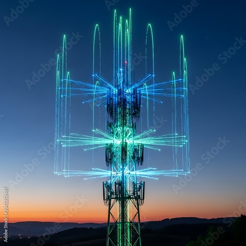 Tower with glowing light trails against twilight sky, symbolizing connectivity