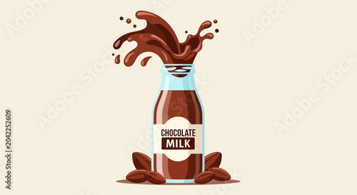 Quadro em tela Chocolate Milk Splash Bottle Beverage Refreshment Vector Art