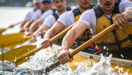 Group of men rowing dragon boat on water. Athlete paddlers competing in traditional race during Dragon Boat festival. Energetic teamwork, power, stamina and intense physical activity.