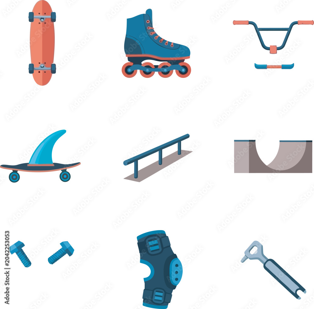 Naklejka premium Premium flat vector icon set featuring extreme urban sports gear. High-quality illustrations of skateboards, inline skates, BMX bars, ramps, and protection tools perfect for creative graphic design.