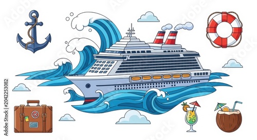 Vibrant Cruise Ship on Waves with Vacation Travel Icons: Anchor, Lifebuoy, Suitcase, Tropical Drinks