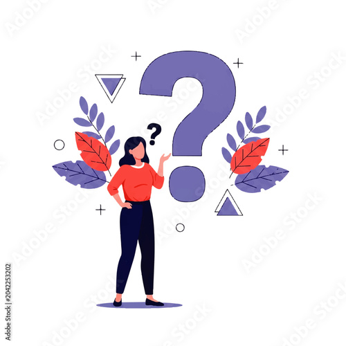 Photography Vector flat design illustration of a woman standing next to a giant question mar