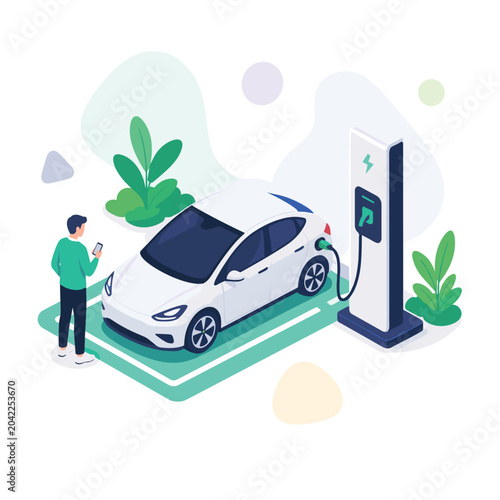 Person Charging a White Electric Vehicle at a Charging Station Surrounded by Green Foliage