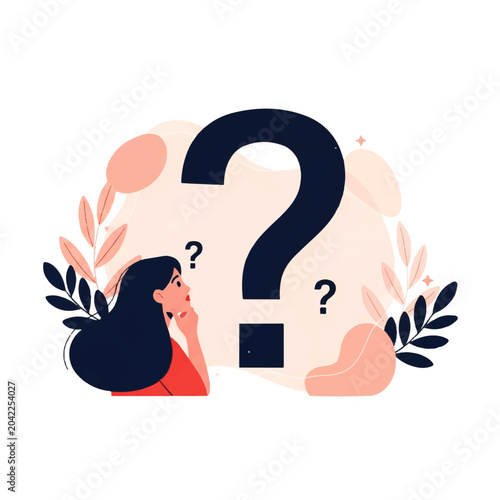 Konstfotografi Vector flat design illustration of a thoughtful woman pondering a large question