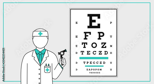 Illustration Of Vision Checkup With Eye Chart And Doctor Examining Eyesight, Healthcare.