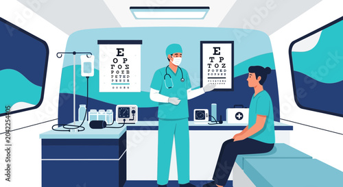 Illustration Of Vision Checkup: A Medical Professional Examining Patient's Eyesight In Clinic