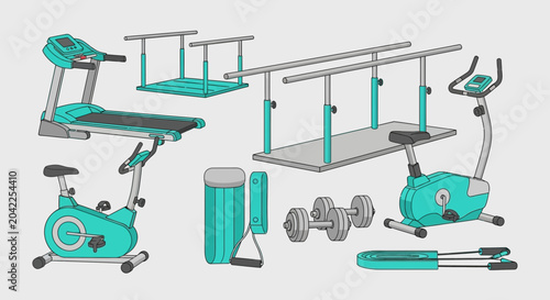 Illustration Of Various Gym Equipment Showcasing Workout Hardware And Healthcare Fitness Devices