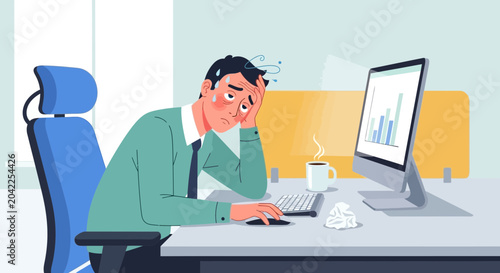 Illustration Of Weary Businessman At His Desk Exhausted By Corporate Strain Or Workload