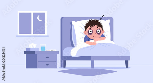 Illustration Of Weariness And Sickness Depicted In A Young Person's Bed At Night