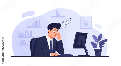 Illustration Of Weary Businessman At His Desk Feeling Stressed, Overwhelmed, Or Burned Out At Work