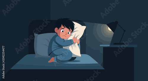Illustration Of Weary Child Suffering From Nightmares In His Own Dark Bedroom