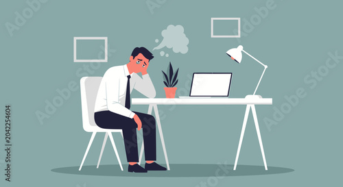 Illustration Of Weary Office Worker At Workstation Experiencing Mental Exhaustion and Trouble