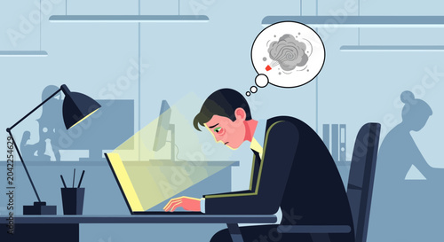 Illustration Of Weary Office Worker Exhausted And Overwhelmed With Digital Work Tasks