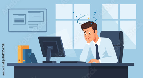 Illustration Of Weary Office Worker Feeling Stressed And Dealing With Headaches Problems