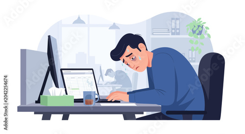 Illustration Of Weary Office Worker Overwhelmed With Work And Stress At The Desk