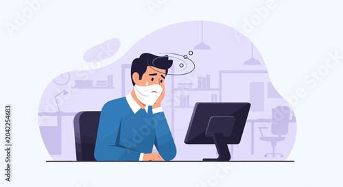 Illustration Of Weary Office Worker In Mask, Overwhelmed And Ill While Working At Desk