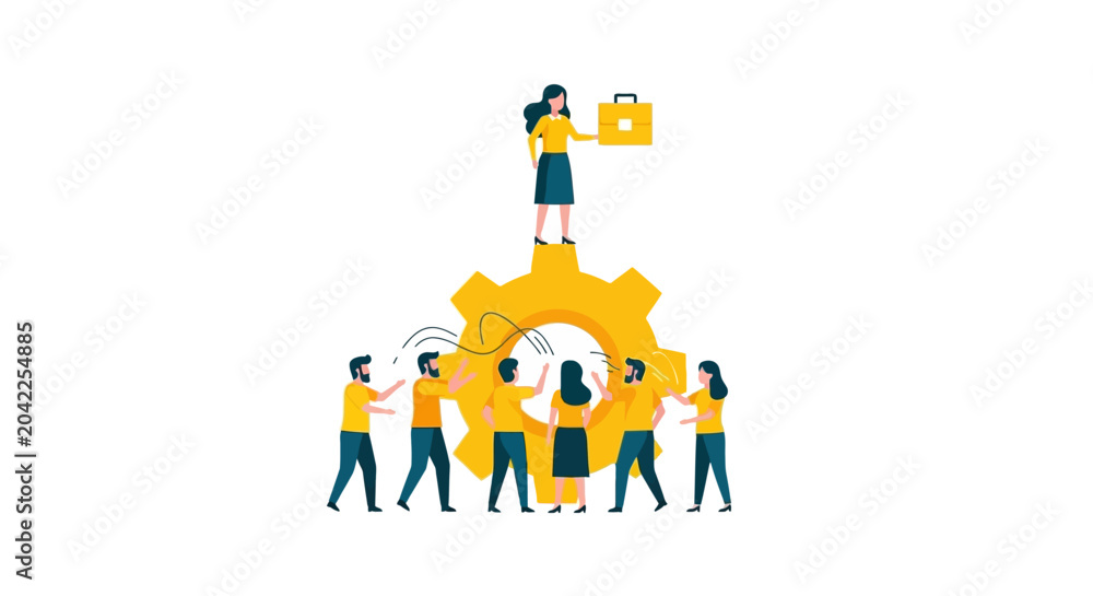 Fototapeta premium Business Leadership and Teamwork Concept Vector Illustration Featuring People Collaborating Around a Large Gear and a Female Manager at the Top