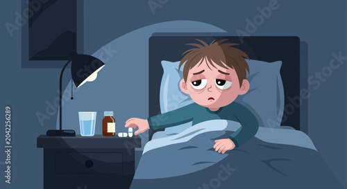 Illustration Of A Sleepless Child Reaching For Medication At Night Near His Bedside Table