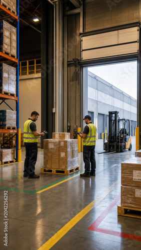 Two workers are inside a large warehouse scanning boxes on pallets. A forklift is present in the background. The scene shows an active work environment during daytime hours.