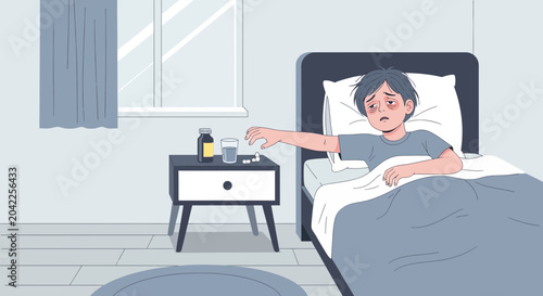 Illustration Of A Sick Individual Seeking Medicine And Resting In Bed At Home