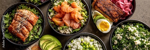 Various bowls filled with healthy foods are arranged on a table, showcasing nutritious ingredients under natural light for lunch preparation