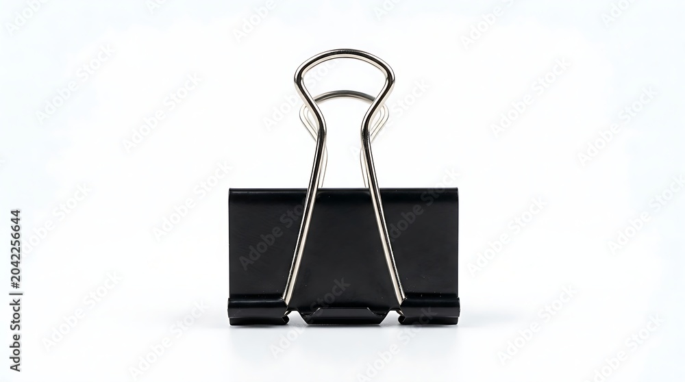 Obraz premium A single black metallic binder clip with upright chrome handles, displayed neatly against a solid white backdrop.