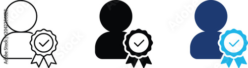 Cuadro en lienzo Verified user icon set representing certified employee profile, professional account qualification and expert reward badge