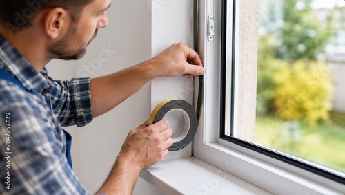 Home improvement action sealing windows with tape indoor residential space diy project well-lit environment close-up view enhancing energy efficiency and comfort