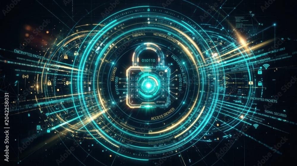 Obraz premium Digital security padlock icon with glowing data network HUD interface