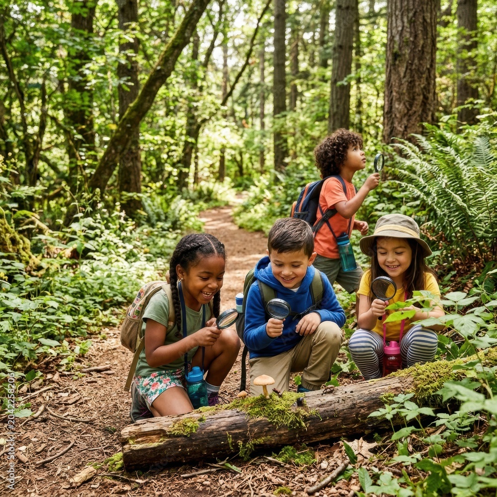 Fototapeta premium Diverse children explore nature with magnifying glasses in a forest
