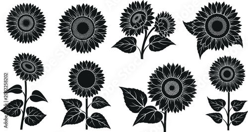 Foto Sunflower black silhouette icon bundle featuring blooming flower heads stems and