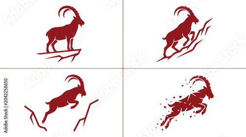 Tableau sur toile Silhouette mountain goat ibex climbing steep rocky cliffs jumping and leaping displaying agility on rugged terrain animal wildlife illustration